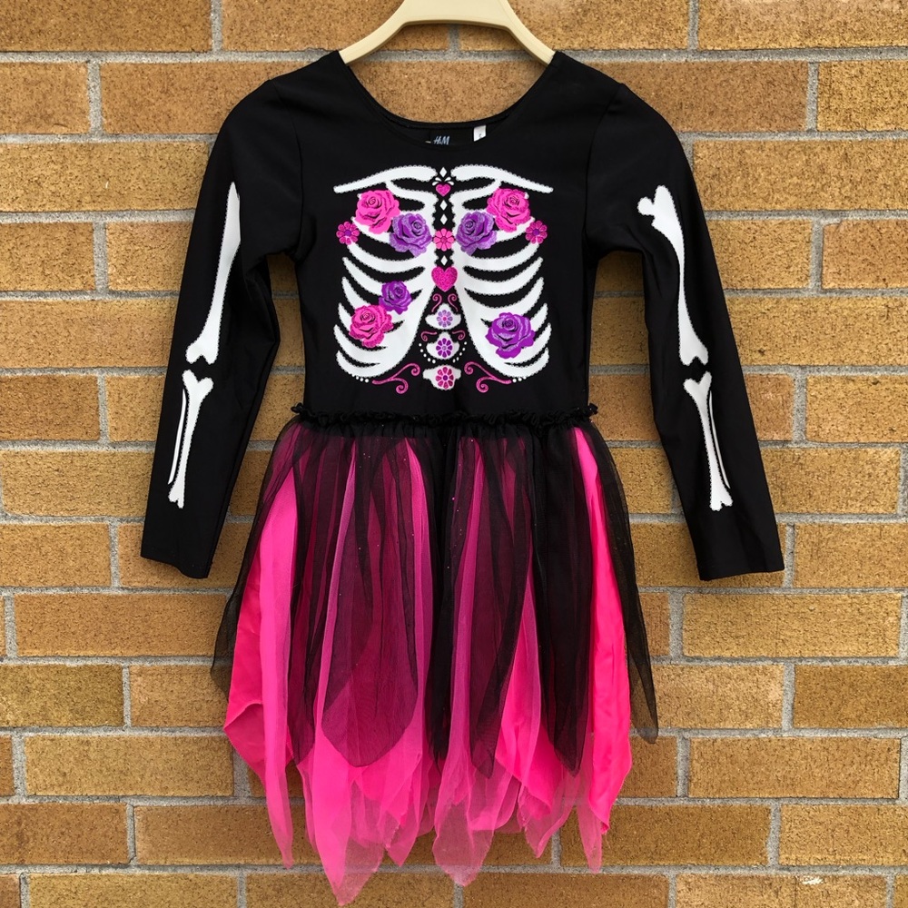 H&M girls Day of the Dead dress up Costume tulle pixie hem skirt Skeleton sz 6-8